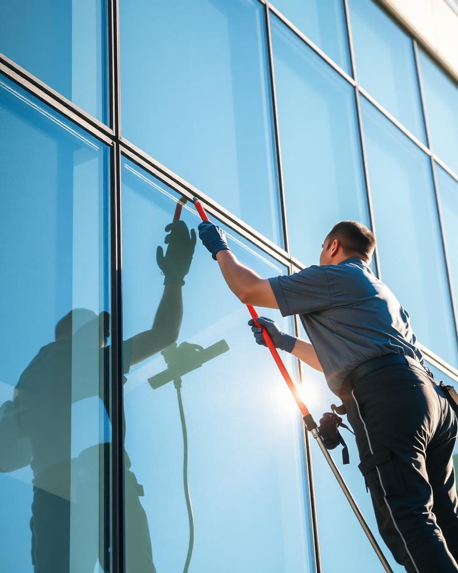 Limpiador profesional trabajando en la fachada de cristal de un edificio de oficinas en Murcia